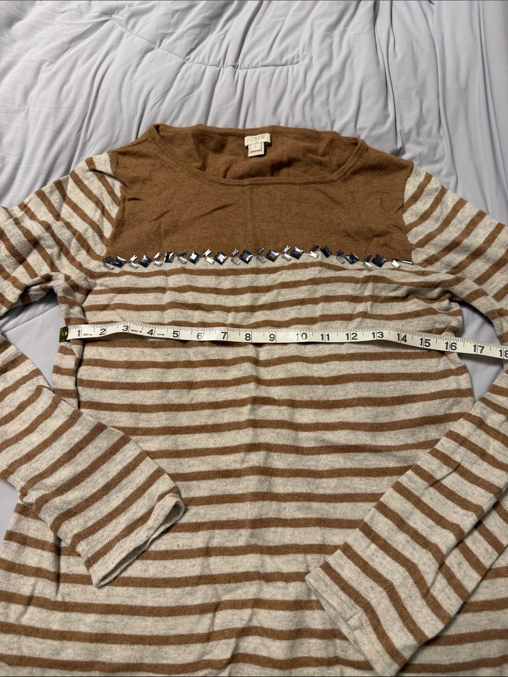 J. Crew Brown and Cream Striped Crewneck Sweater with Embellished Yoke